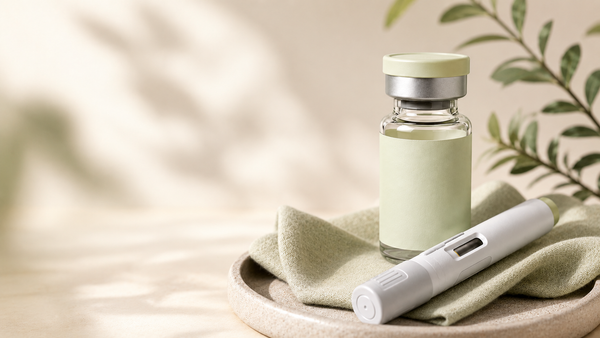 Caneta e frasco do medicamento no tratamento com GLP-1