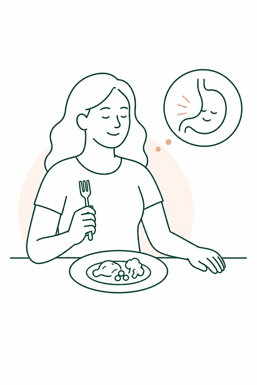 Mulher comendo à mesa, satisfeita antes de terminar o prato