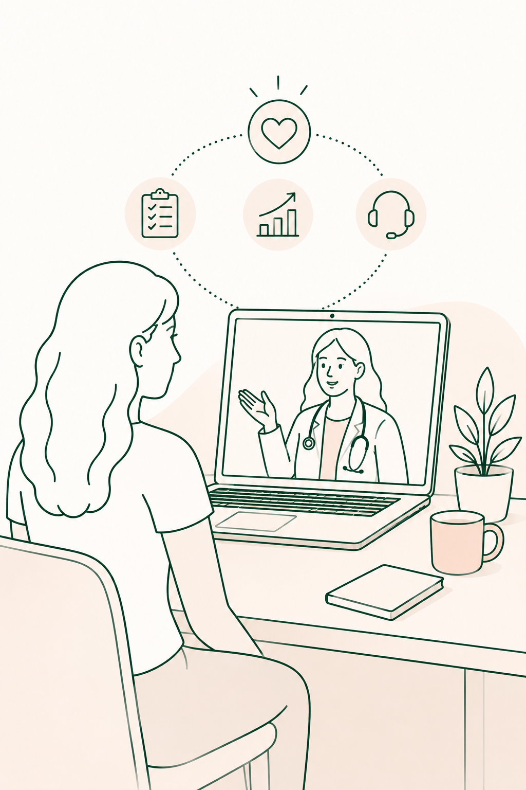 Mulher em consulta médica online, revisando plano de manutenção